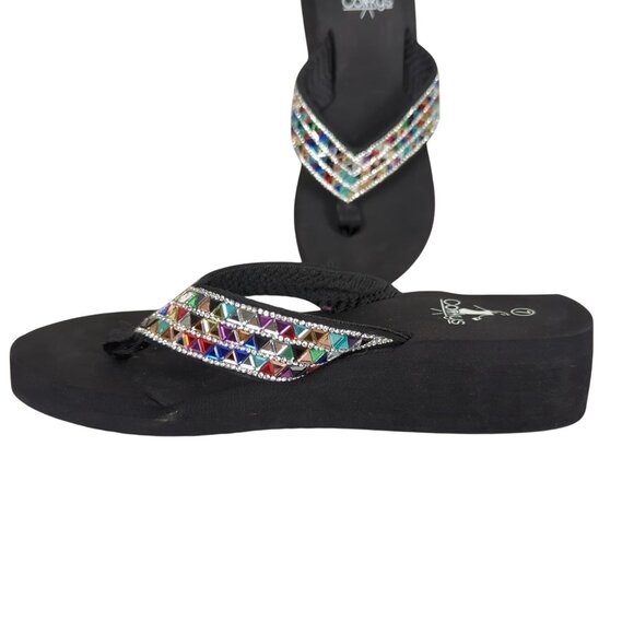 Corkys Clara Jeweled Wedge Platform Sandals Women’s Sz 7 Black Multicolor Rhines - Picture 3 of 10